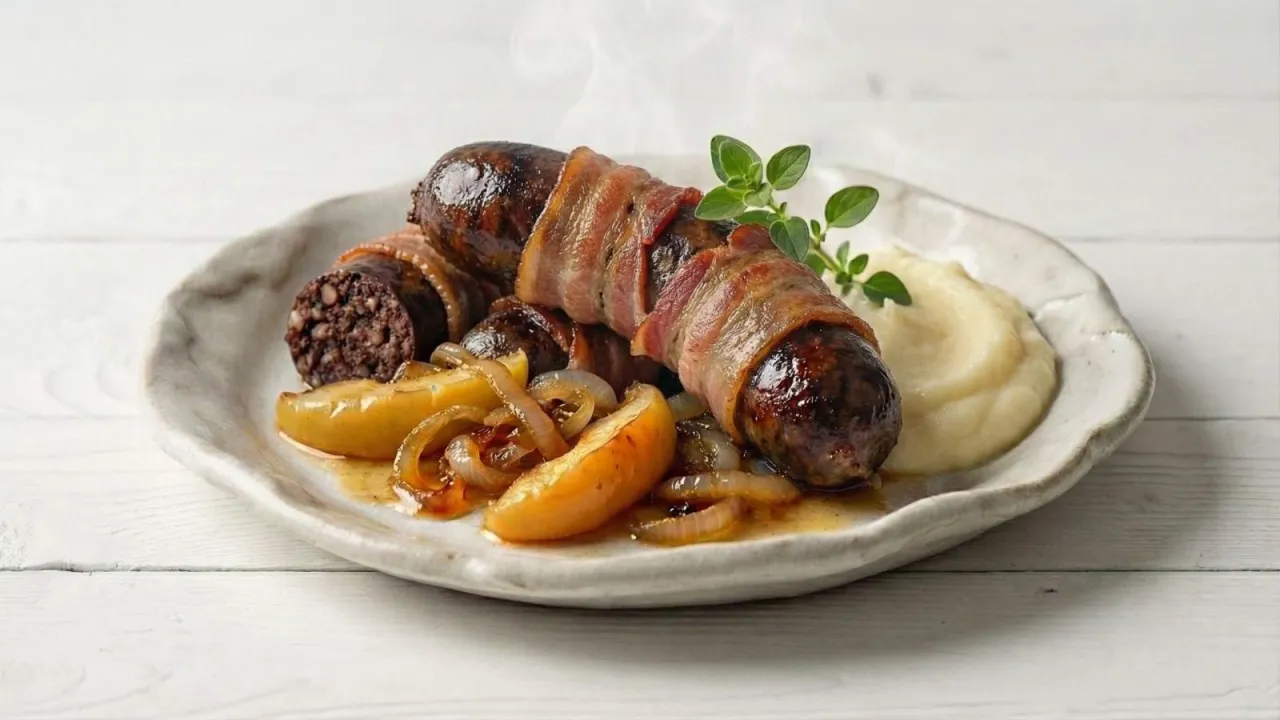 Kaszanka pieczona w boczku, podana z jabłkami i puree. Pyszne danie, które warto przygotować w piekarniku.