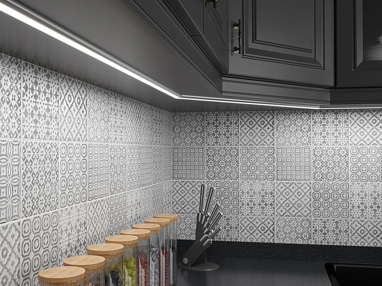 oświetlenie LED w kuchni, taśmy LED podszafkowe, rośliny w kuchni, organizacja kuchni DIY