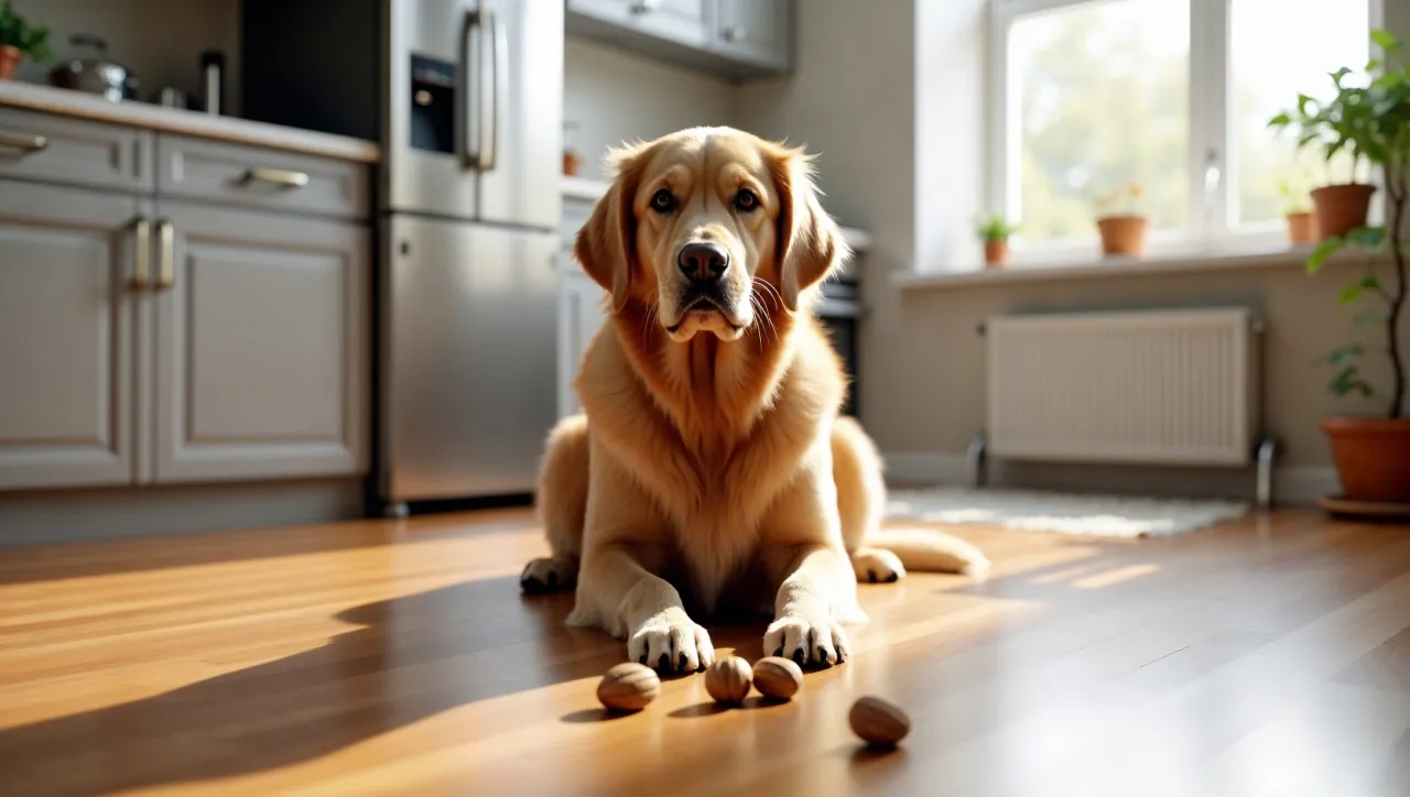 Złoty retriever leży na drewnianej podłodze w kuchni, obok niego leżą orzechy. Czy pies może jeść fistaszki?