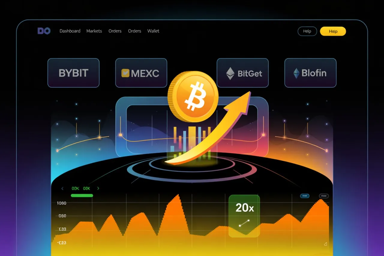 Grafika przedstawia wykresy i logo Bitcoina, sugerując potencjalny wzrost wartości. To może być wizualizacja tego, co to dzwignia kryptowaluty.