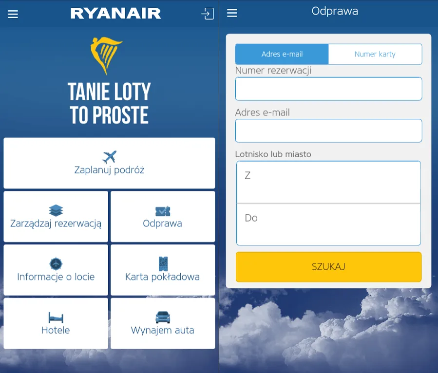 Ryanair mobilna karta pokładowa aplikacja