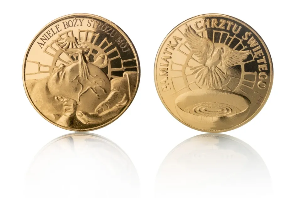 pamiątka na chrzciny srebrna grzechotka lub złota moneta