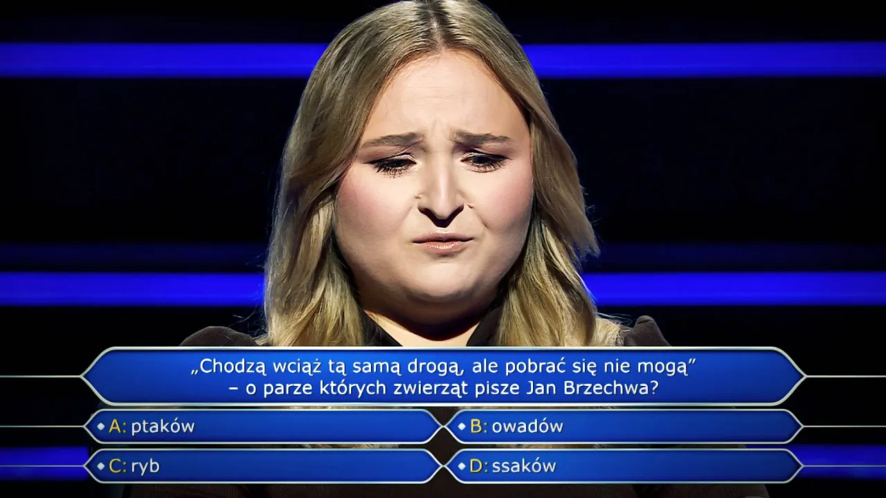 Kobieta w programie Milionerzy zastanawia się nad pytaniem o zwierzęta, które pisze Jan Brzechwa. Czy odpowiedź na to pytanie pomoże jej wygrać milion?