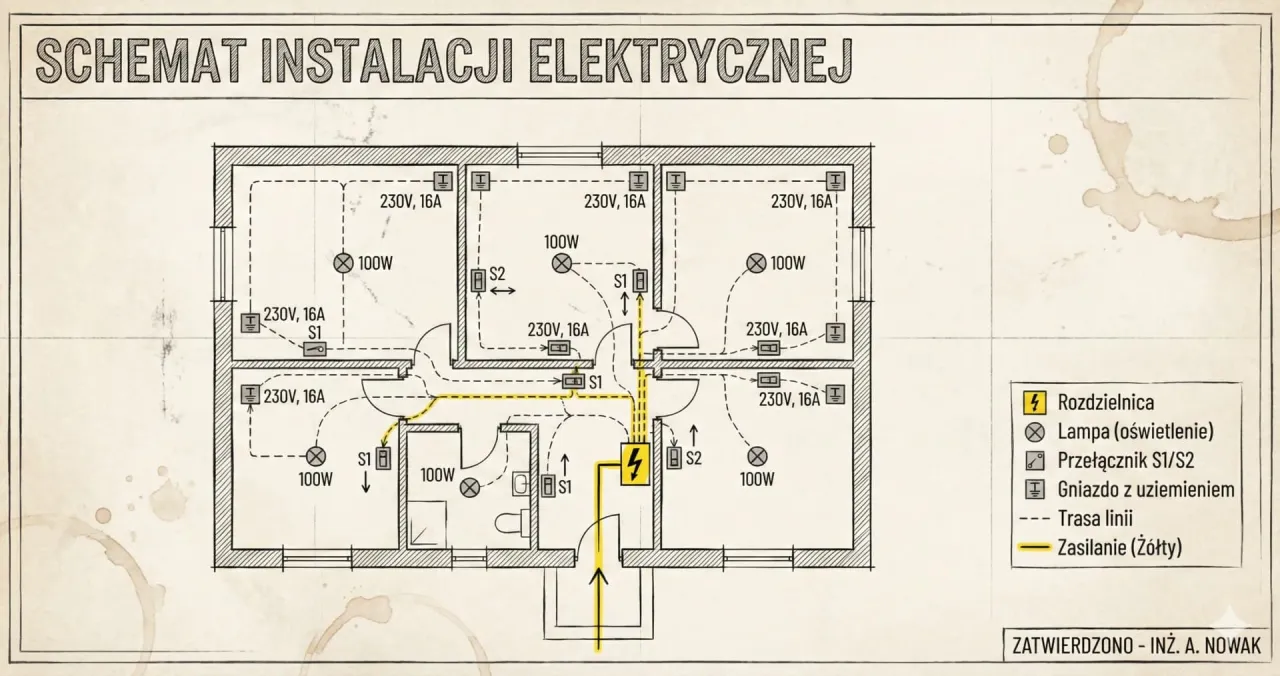 Schemat instalacji elektrycznej pokazuje, ile gniazdek na bezpieczniku 16A zasila poszczeg&oacute;lne pomieszczenia. Widać tu lampy, przełączniki i gniazda z uziemieniem.