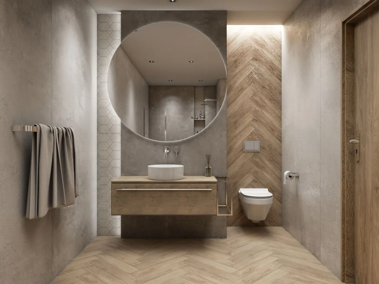 łazienka płytki betonowe i drewno aranżacje