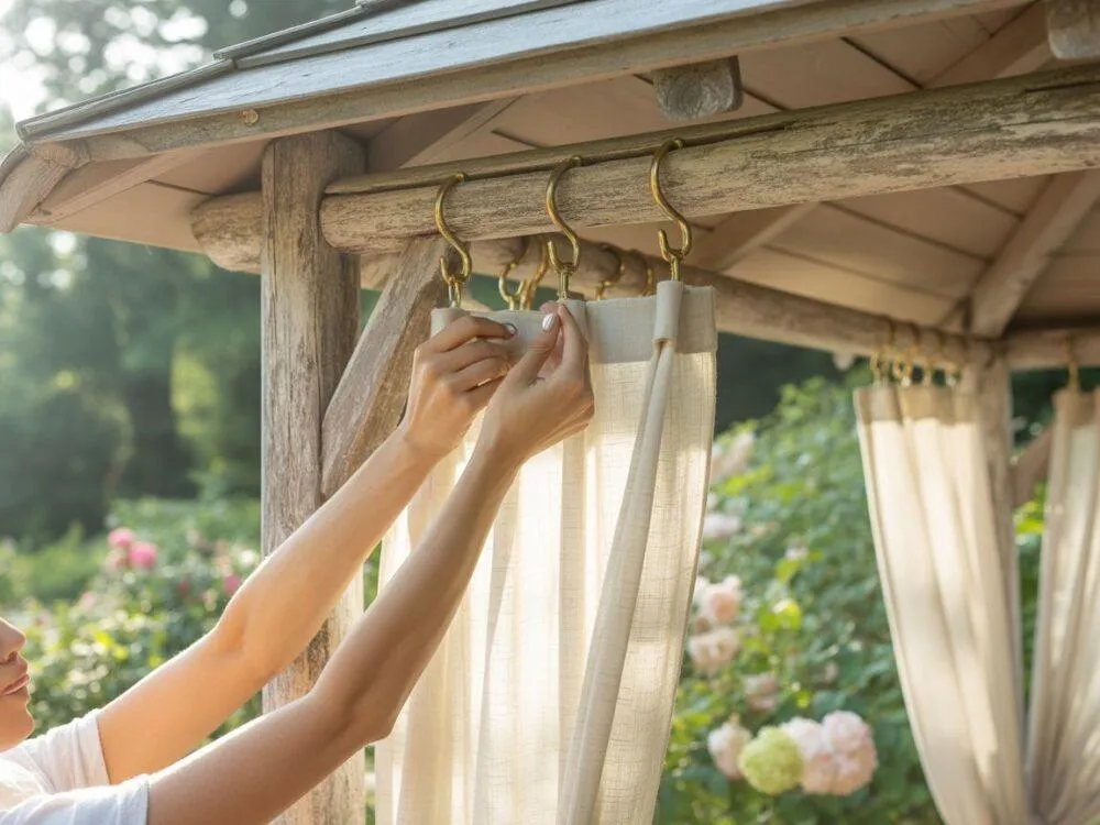 sposoby upinania i zabezpieczania zasłon w altanie przed wiatrem