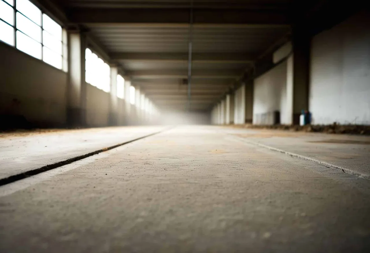 Długi, pusty korytarz z betonową posadzką, idealny do obliczeń: ile cementu na 100m2 wylewki.