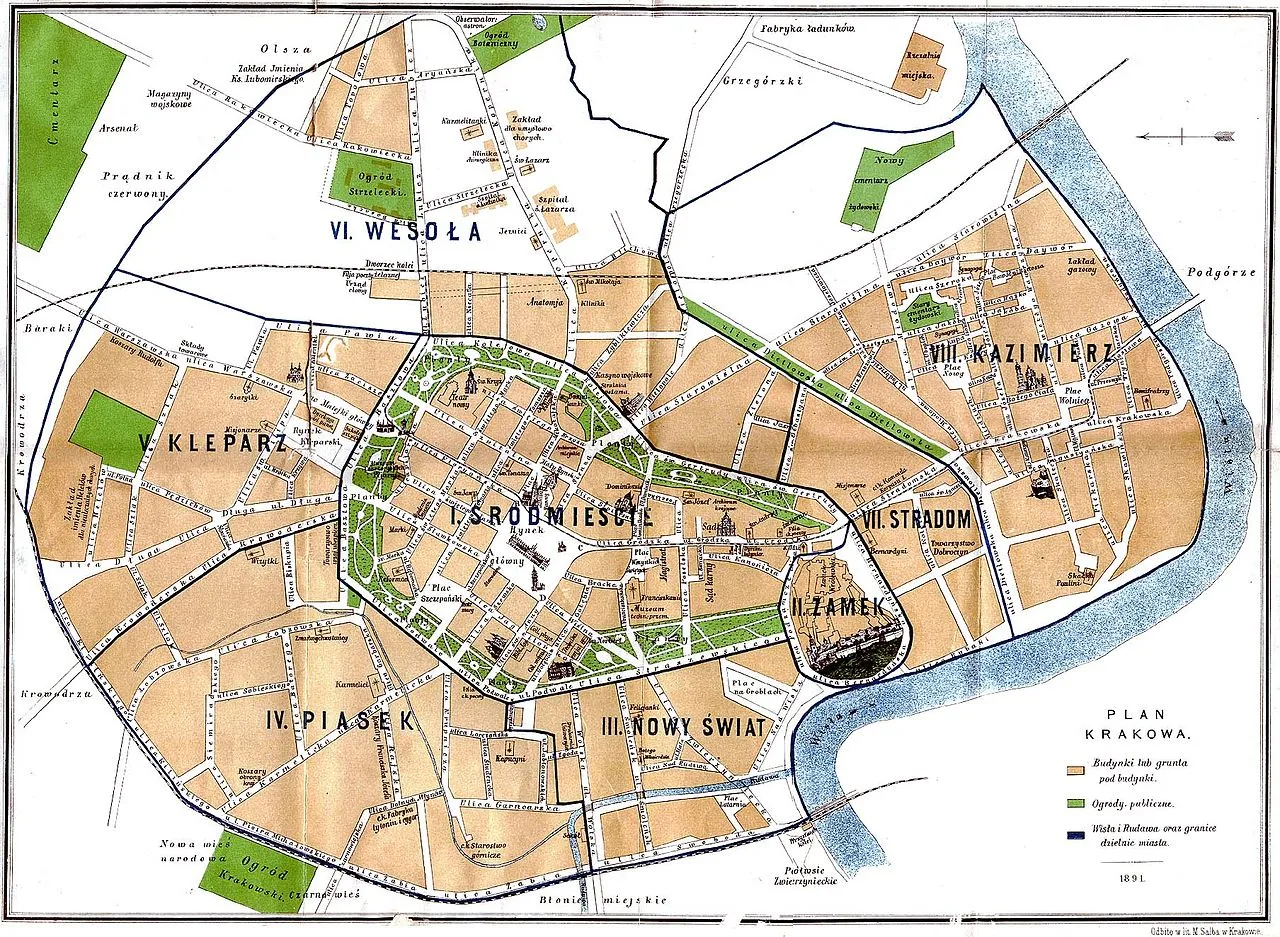Mapa Krakowa z zaznaczonym Starym Miastem i Kazimierzem