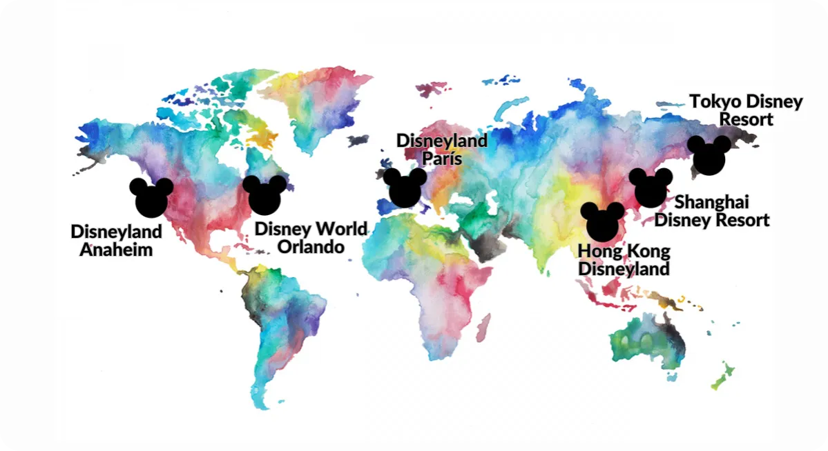 Mapa lokalizacji Disneyland&oacute;w na świecie