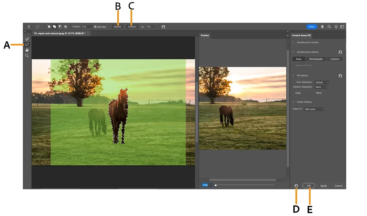 Usuwanie obiektu Photoshop Content-Aware Fill przed po