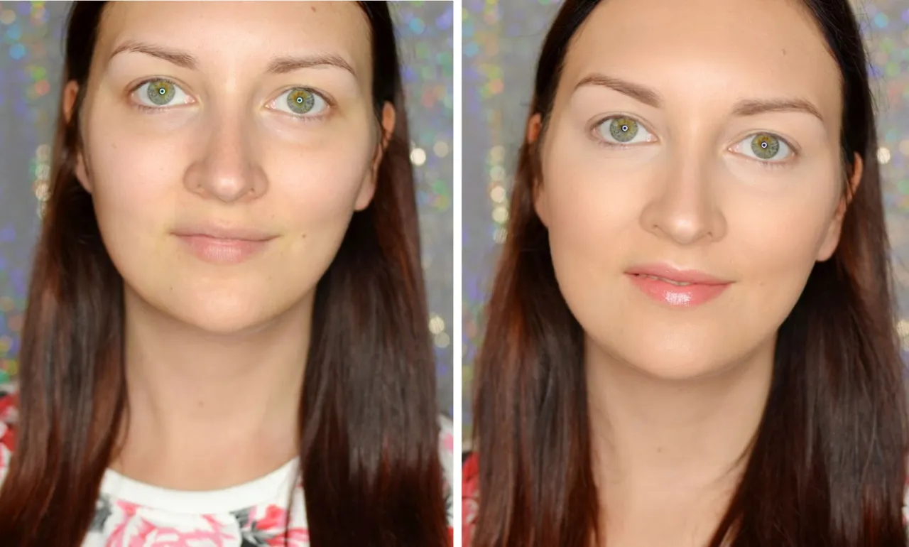 makijaż rozświetlający twarz, strobing przed i po