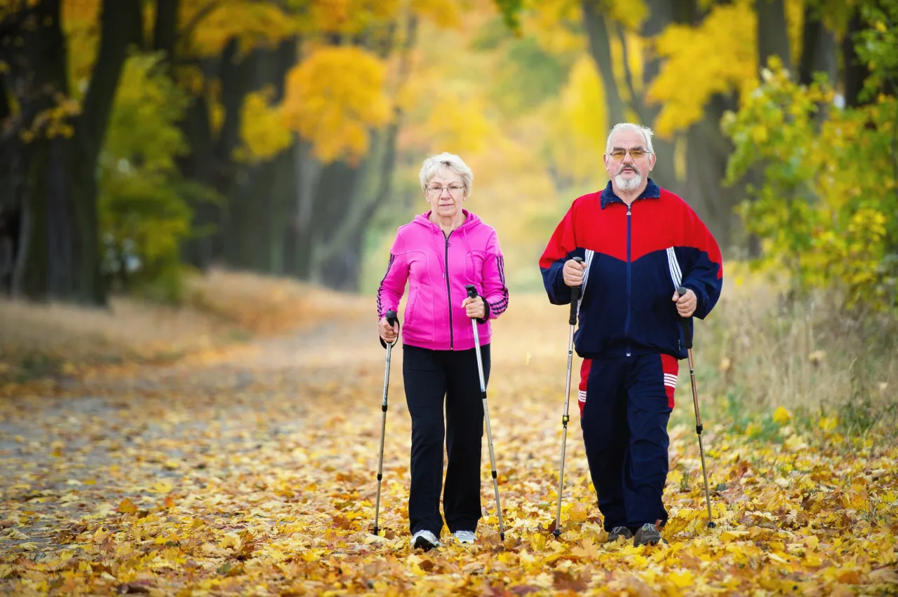 Seniorzy na spacerze lub uprawiający nordic walking