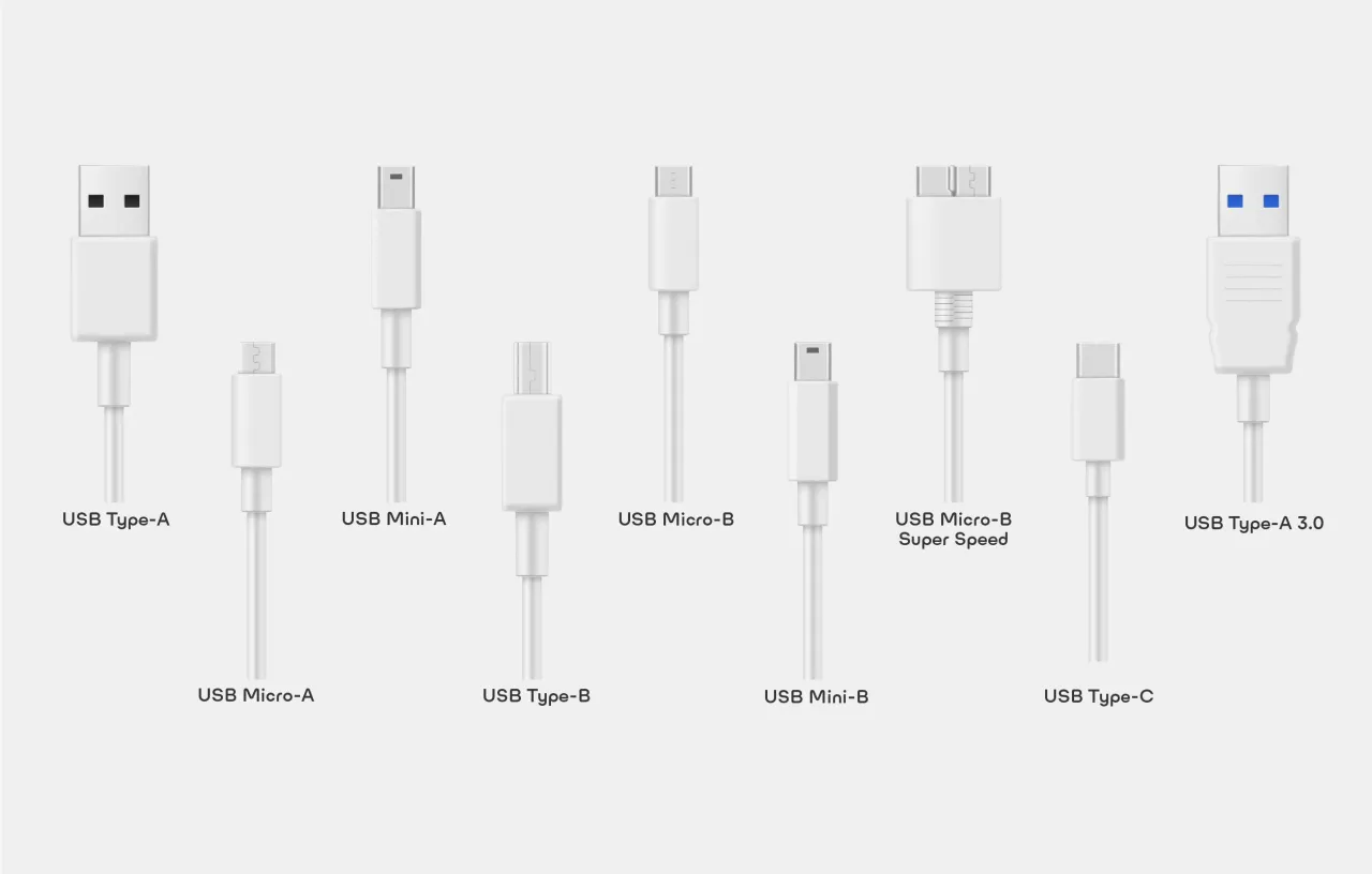 R&oacute;żne rodzaje USB: Type-A, Mini-A, Micro-A, Type-B, Mini-B, Micro-B, Micro-B Super Speed, Type-C i Type-A 3.0.
