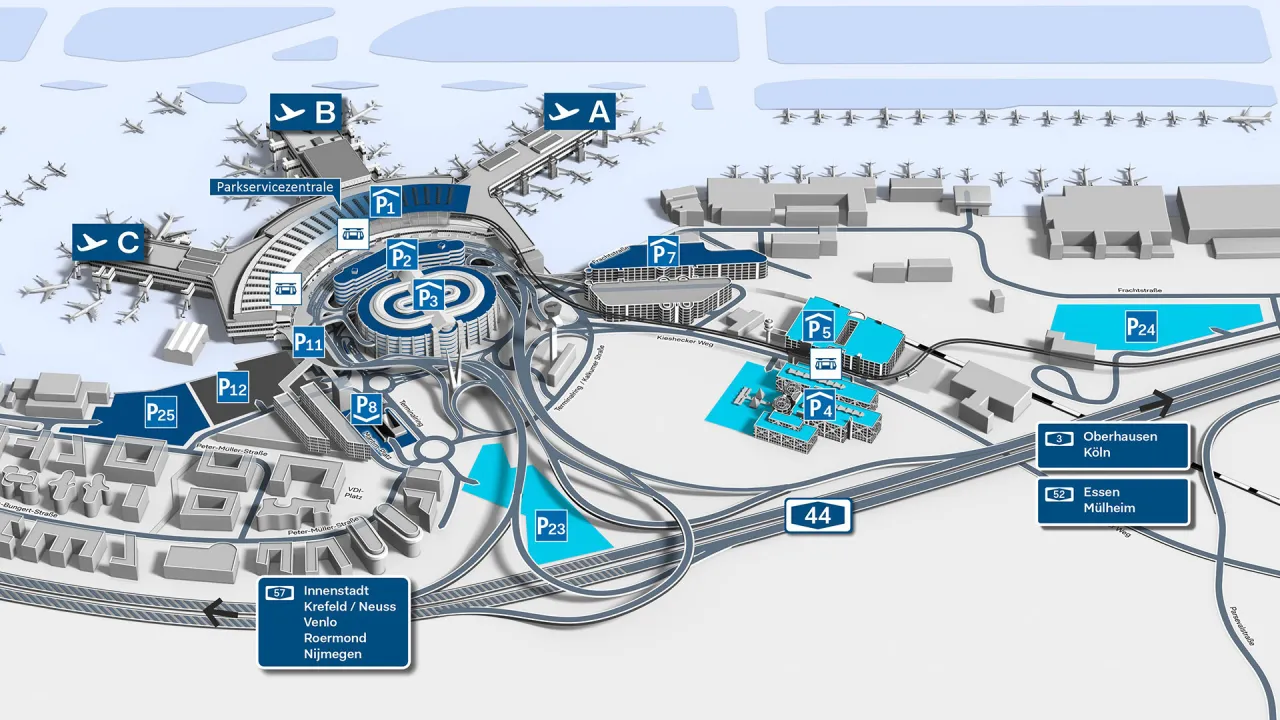 Mapa lotniska w D&uuml;sseldorfie z zaznaczonymi parkingami P1-P25. Dowiedz się, ile kosztuje parking na lotnisku w D&uuml;sseldorfie, planując podr&oacute;ż.