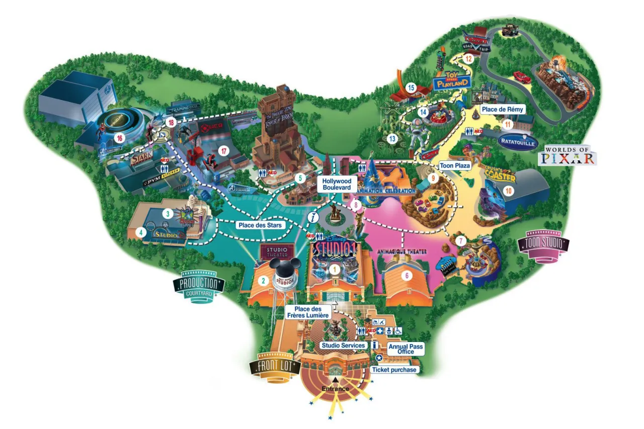 Mappa Parco Walt Disney Studios con aree Marvel e Pixar