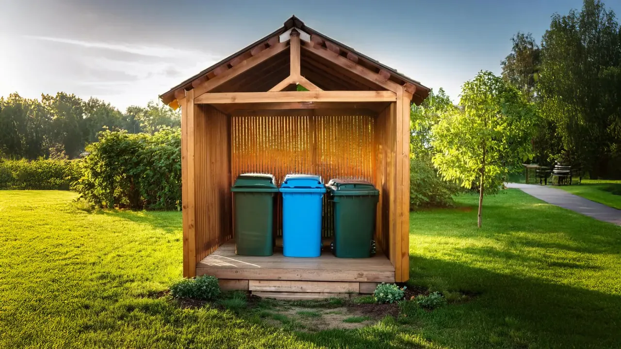 Drewniana wiata na kosze na śmieci, jak zrobić taką estetyczną osłonę dla trzech pojemnik&oacute;w.
