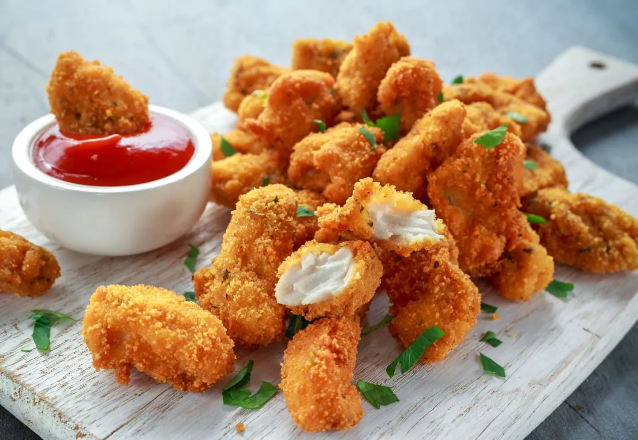 Chrupiące krewetki w panko, idealne do maczania w ketchupie. Posypane świeżą natką pietruszki.