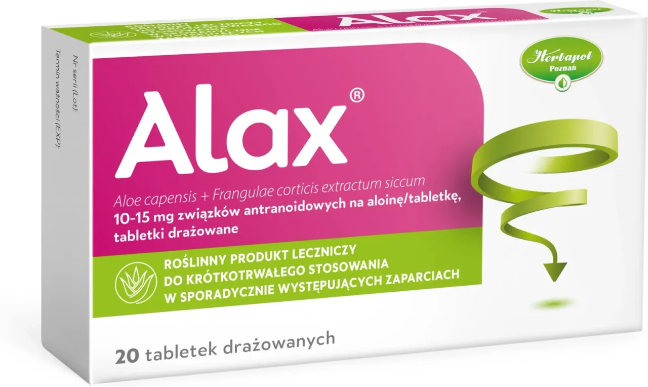 Alax - jakie leki na zatwardzenie? Roślinny produkt leczniczy z aloesem i korą kruszyny na sporadyczne zaparcia. 20 tabletek.