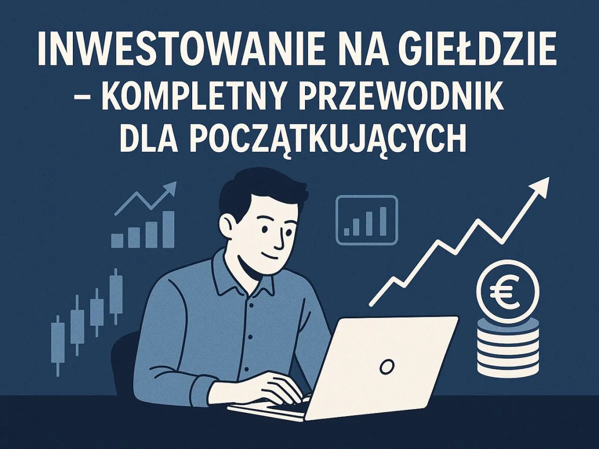 Mężczyzna uczy się, co to giełda papierów wartościowych, analizując wykresy wzrostu i stos monet z symbolem euro.