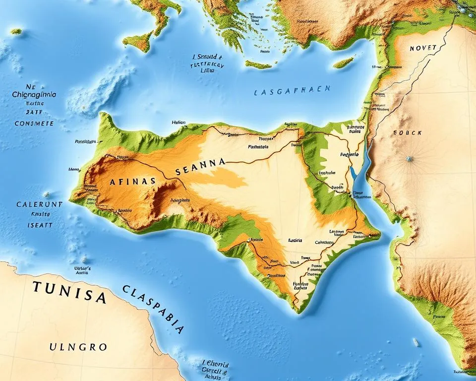 Mapa Tunezji Afryka P&oacute;łnocna sąsiedzi Morze Śr&oacute;dziemne