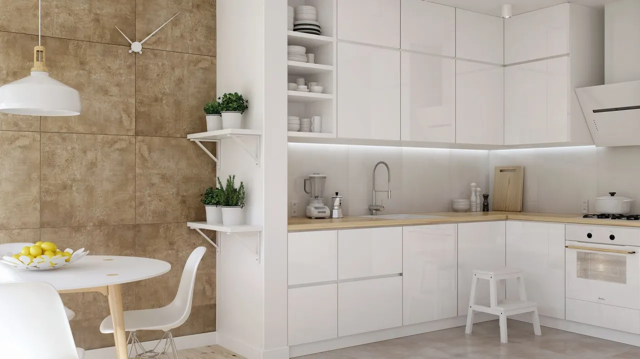 Duże płytki w kuchni na ścianie