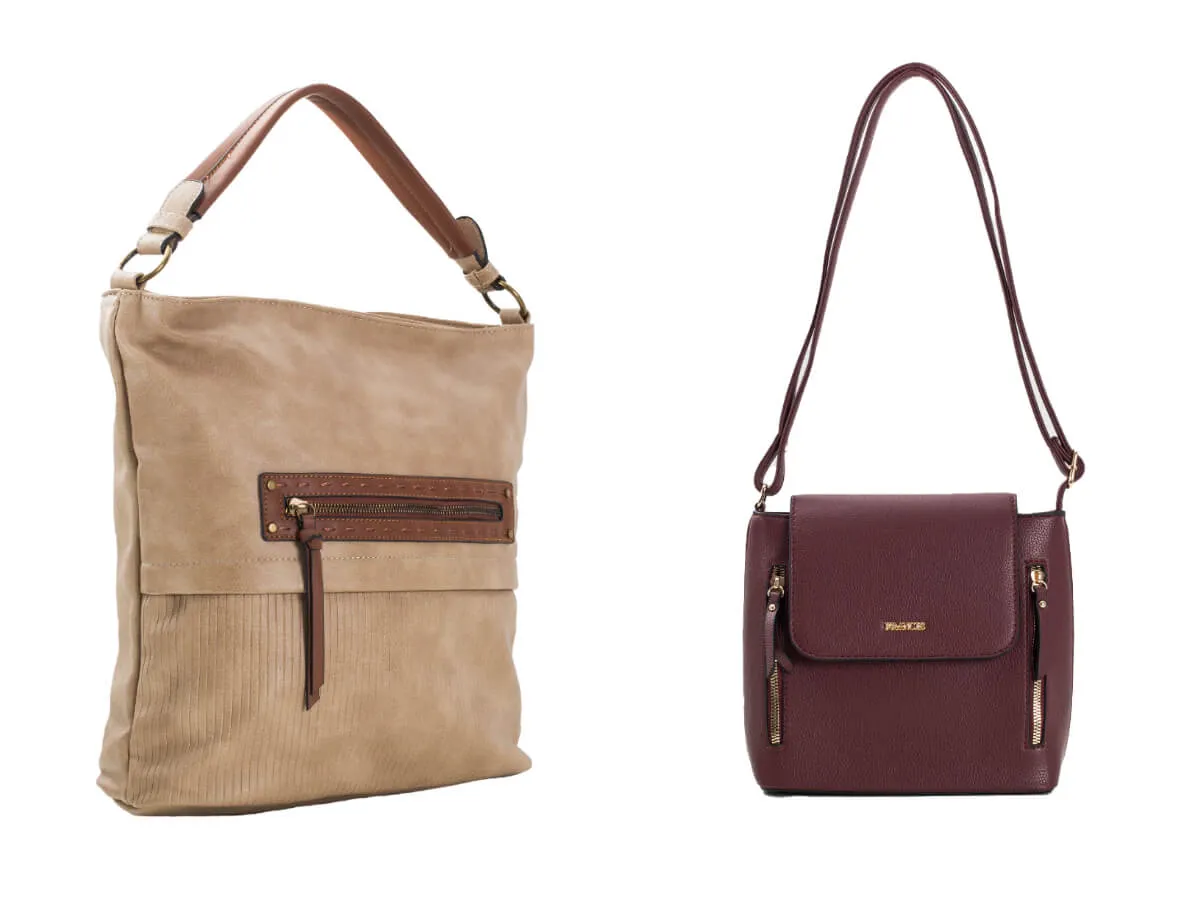 Dwie torebki: beżowa, duża, z zamkiem i frędzlem, oraz bordowa, mniejsza, z klapką i zamkami. Idealne na telefon i drobiazgi.