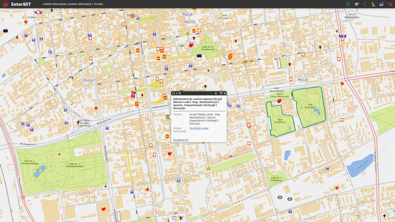 Mapa Łodzi centrum Piotrkowska z zaznaczonymi placówkami medycznymi NFZ