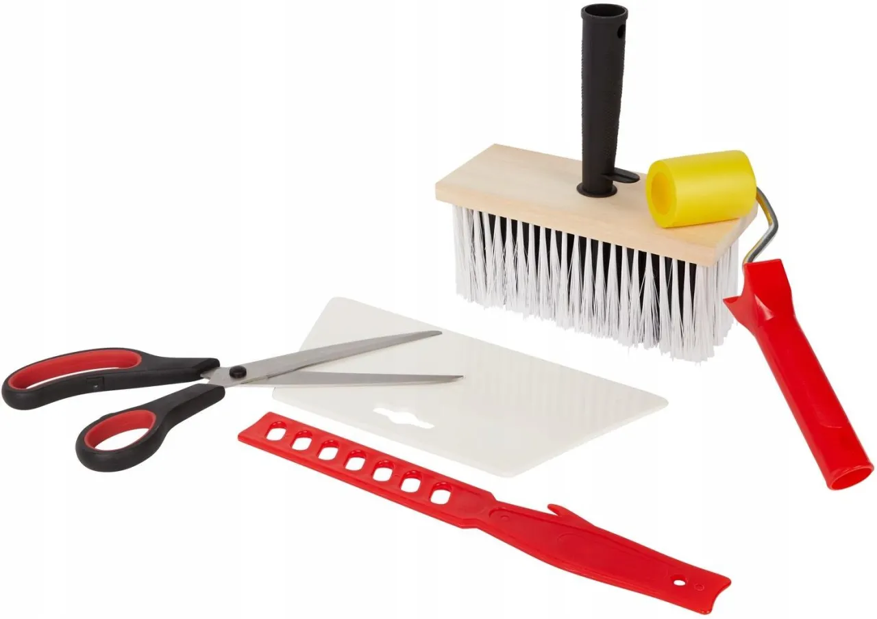 narzędzia do naklejania naklejek na ścianę, rakla, taśma malarska, poziomica