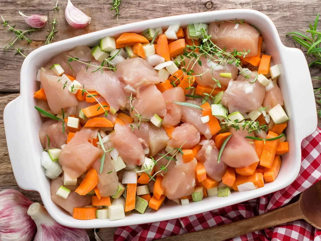 Pyszny pomysł na co z kurczakiem na obiad: kawałki kurczaka z marchewką, cukinią i ziołami w naczyniu żaroodpornym.