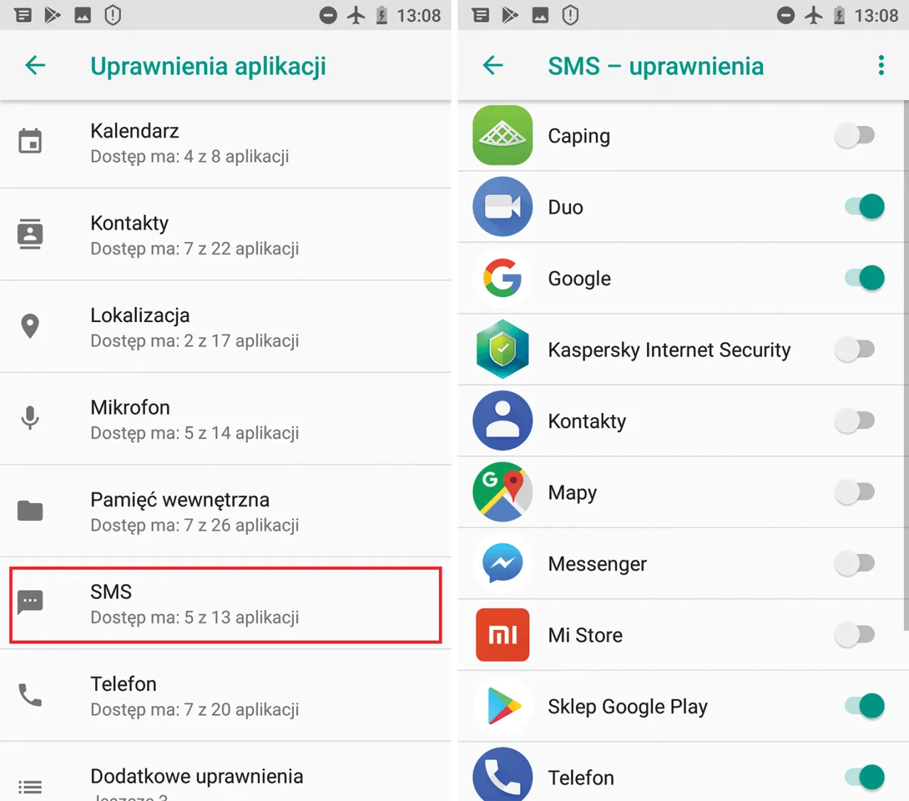 Ustawienia aplikacji Android
