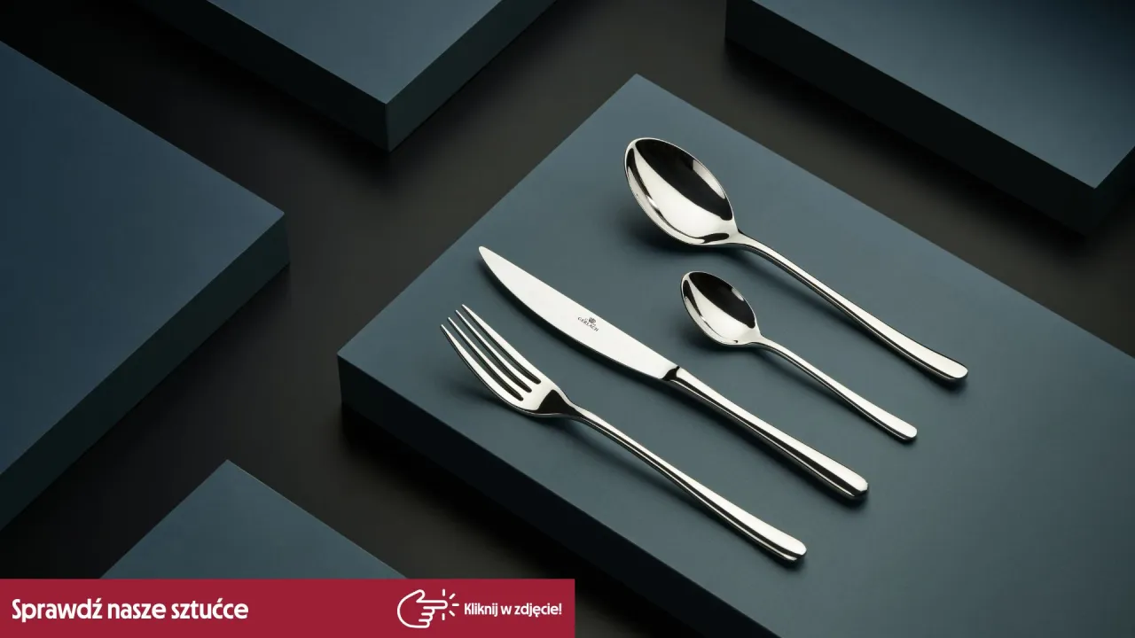 Eleganckie sztućce Gerlach: widelec, nóż, duża łyżka stołowa (ile gram ma duża łyżka stołowa?) i mała łyżeczka.