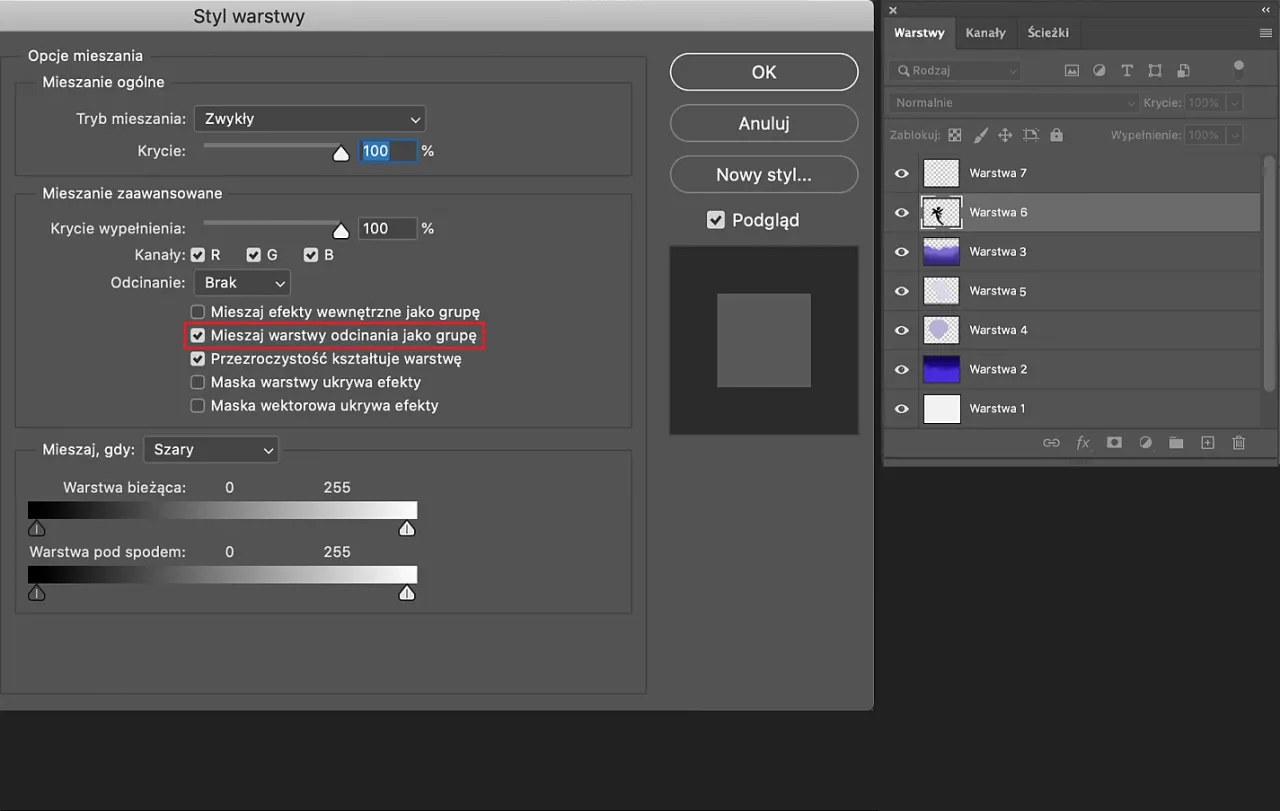 Photoshop panel warstwy maska zaznaczona