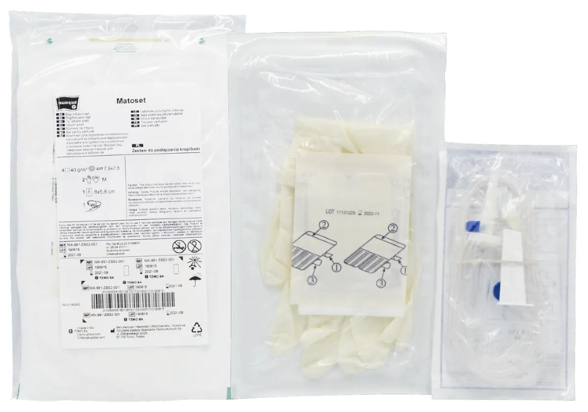 Zestaw do podłączenia kroplówki w worku: zestaw infuzyjny, rękawiczki i instrukcja.