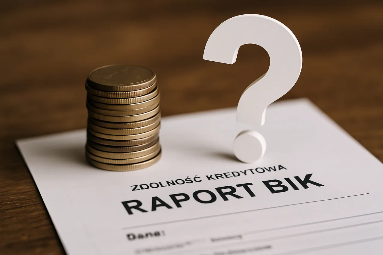 Stos monet i znak zapytania nad raportem BIK. Czy po upadłości konsumenckiej można wziąć kredyt?