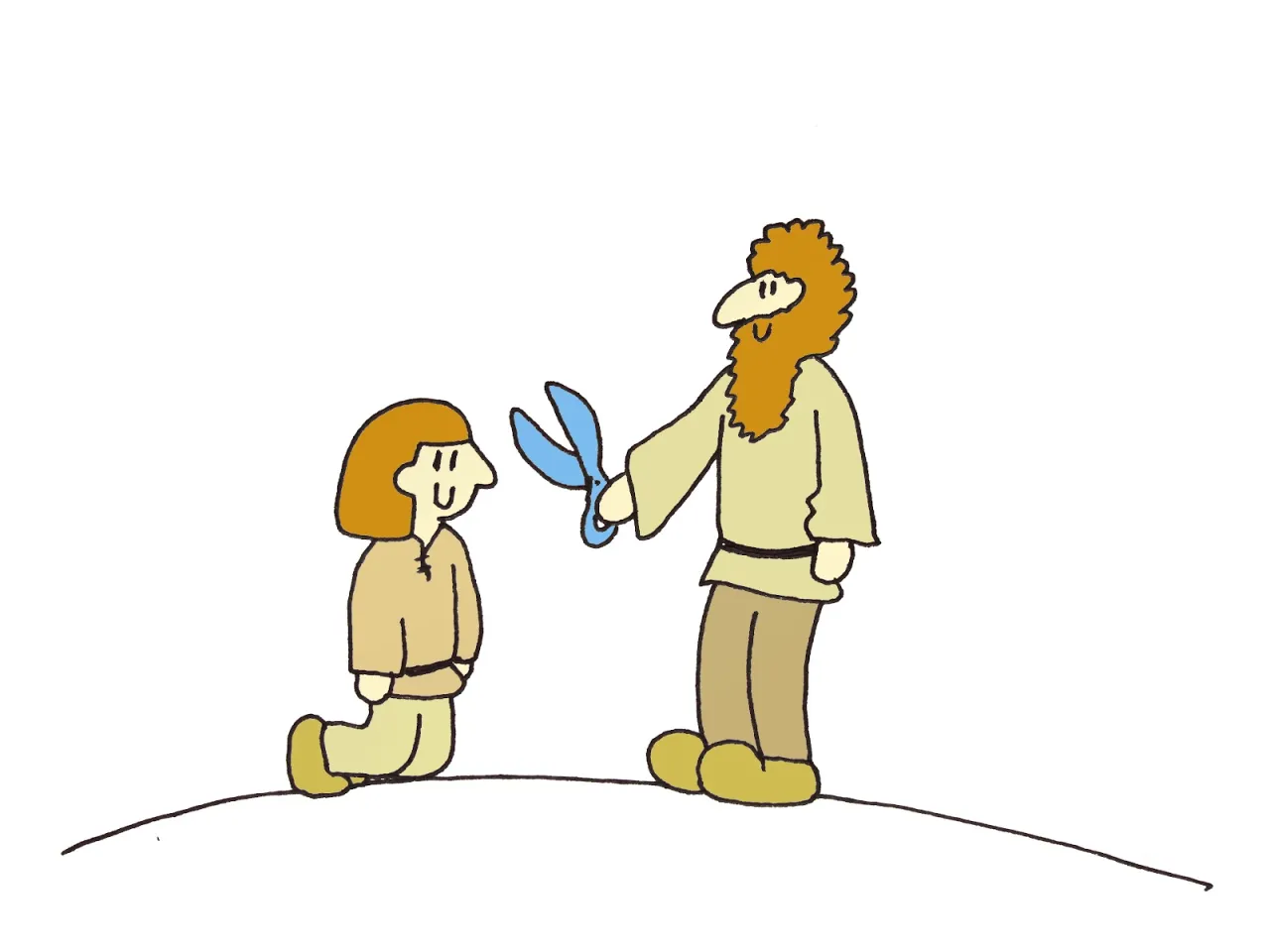 Chłopiec klęczy, a brodaty mężczyzna z nożyczkami w ręku symbolizuje mit chłopa piasta.