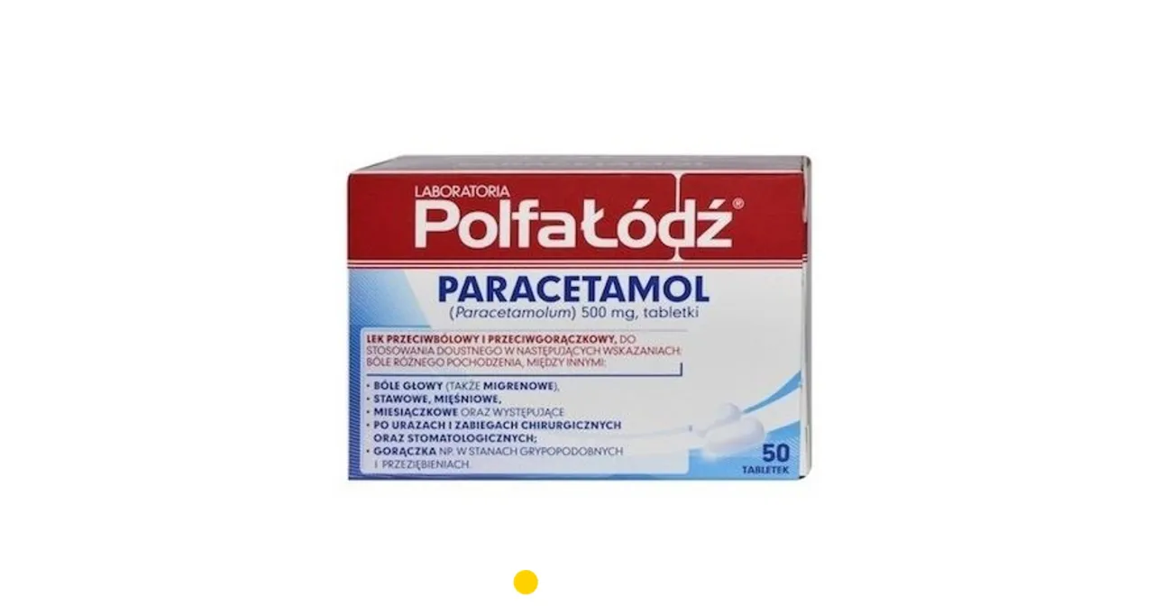 Opakowanie leku Polfa Ł&oacute;dź Paracetamol 500 mg. Czy apap jest na b&oacute;l brzucha? Tak, paracetamol łagodzi r&oacute;żne b&oacute;le, w tym b&oacute;le brzucha.