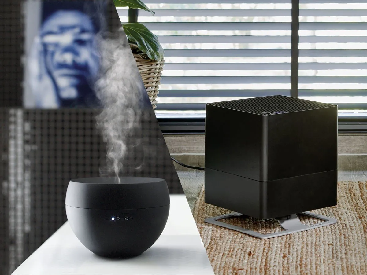 Dwa nawilżacze powietrza: okrągły, z którego unosi się para, i kwadratowy. Czy do nawilżacza powietrza można wlać olejek?