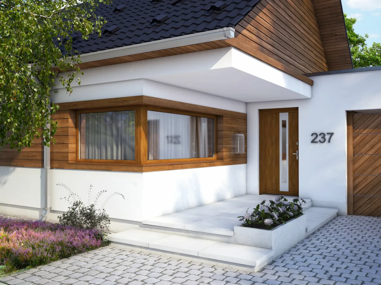 Nowoczesny dom z drewnianymi okiennicami i drzwiami. Ciepła kolorystyka drewna podkreśla elegancję.