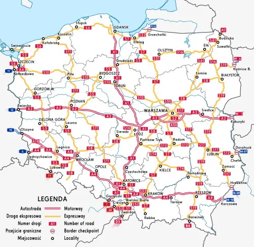 mapa Polski z węzłami komunikacyjnymi lotniska dworce autostrady