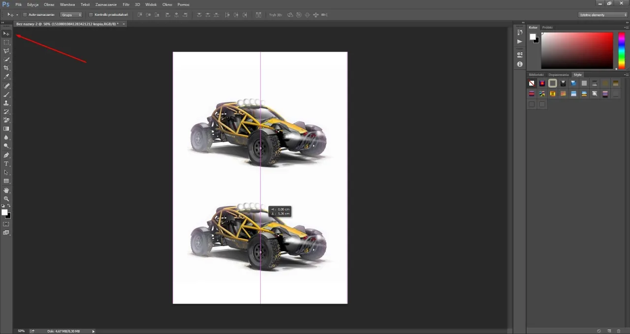 Pokazuje jak obr&oacute;cić obraz w Photoshopie. Widoczny jest ż&oacute;łty pojazd terenowy na białym tle, z zaznaczonym narzędziem do transformacji.