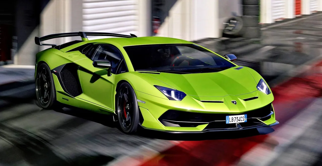 Zielony Lamborghini Aventador na torze wyścigowym. Zastanawiasz się, ile pali Lamborghini Aventador?