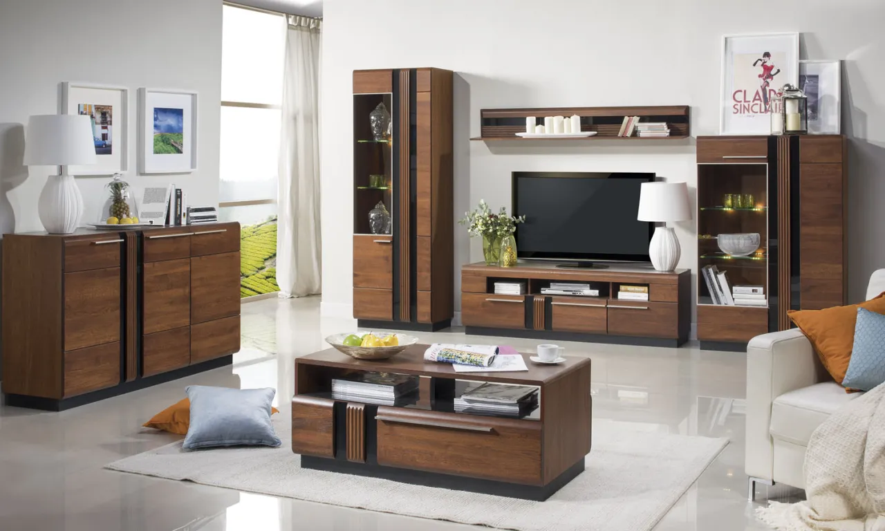 Meble drewniane w salonie z jasną podłogą