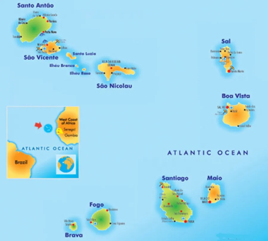 Mapa Wysp Zielonego Przylądka z zaznaczonymi wyspami