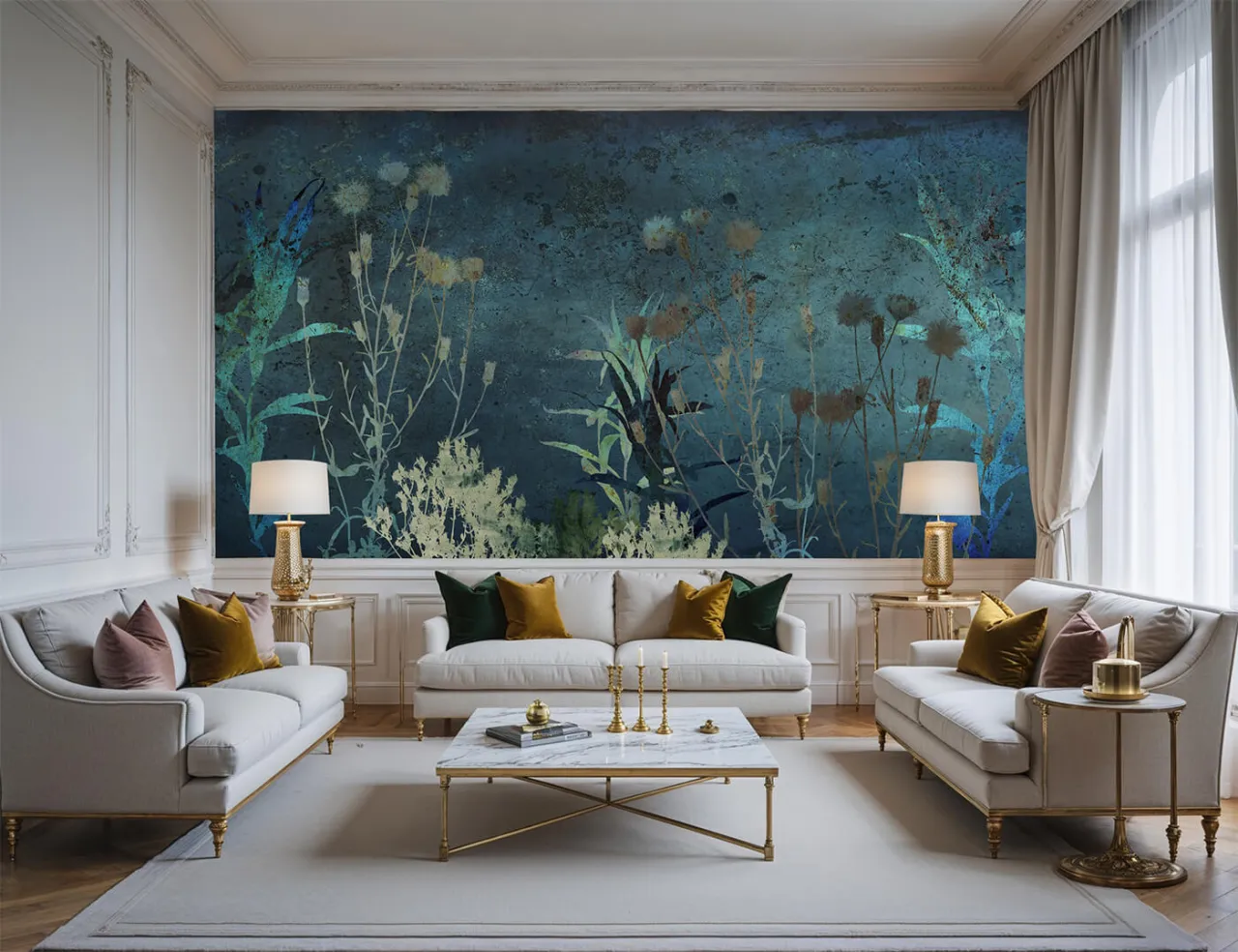 tapeta akcentowa salon motywy botaniczne