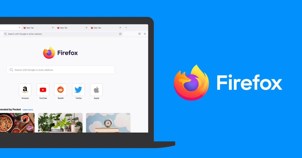 Ekran laptopa z otwartą przeglądarką Firefox, pokazującą jak zainstalować przeglądarkę Firefox. Logo Firefox obok.