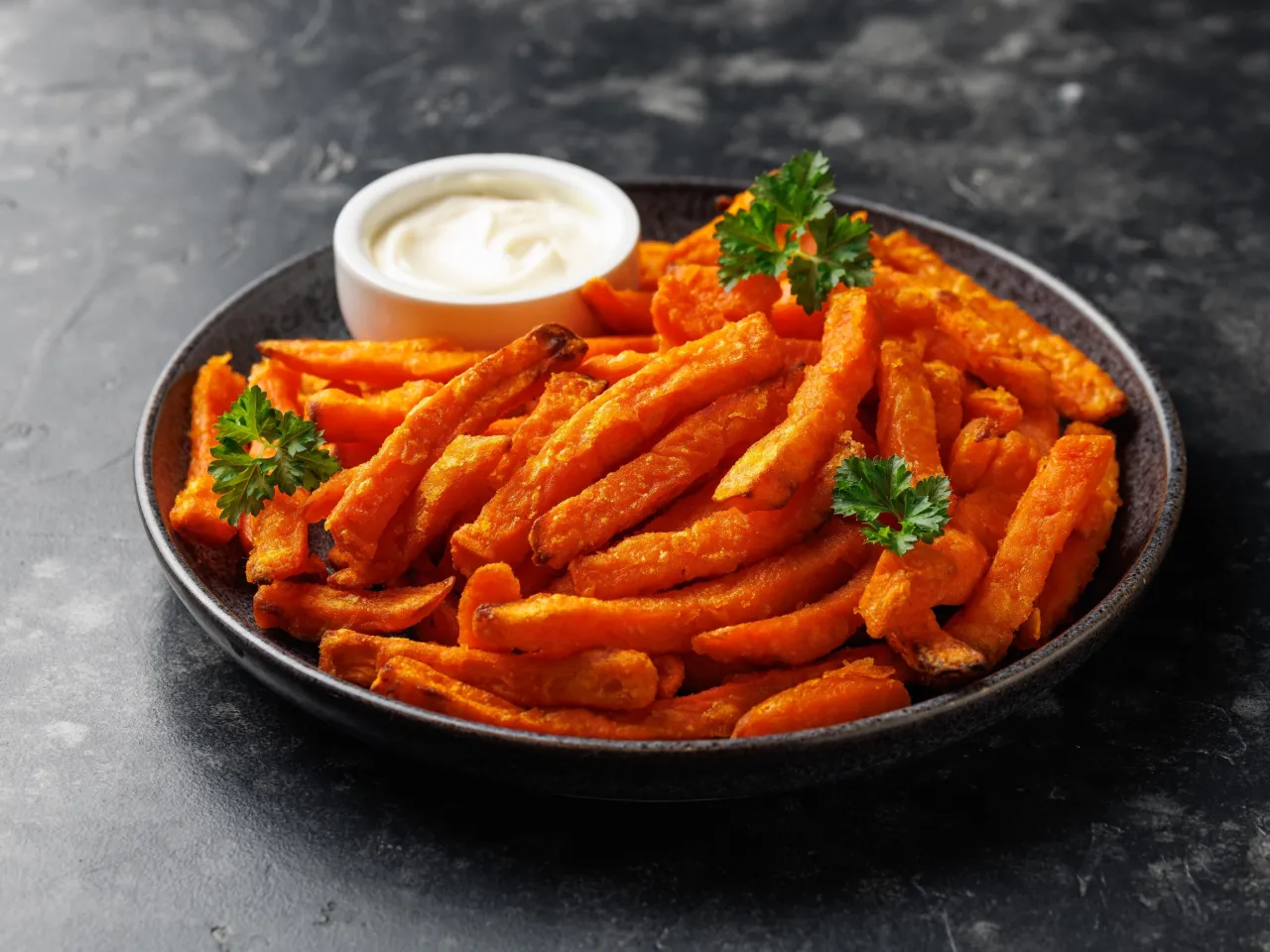 frytki z batat&oacute;w z r&oacute;żnymi sosami