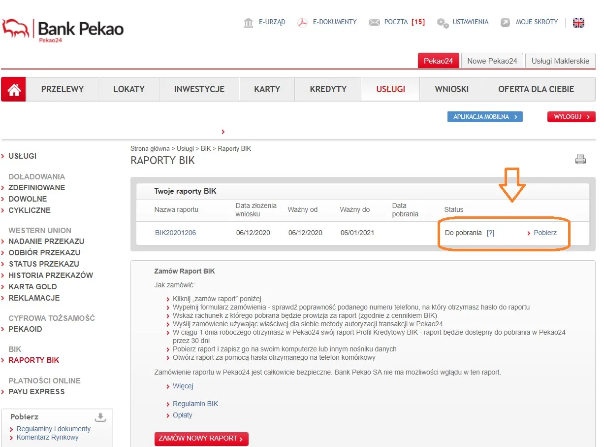 Jak pobrać raport BIK z Pekao24? Kliknij