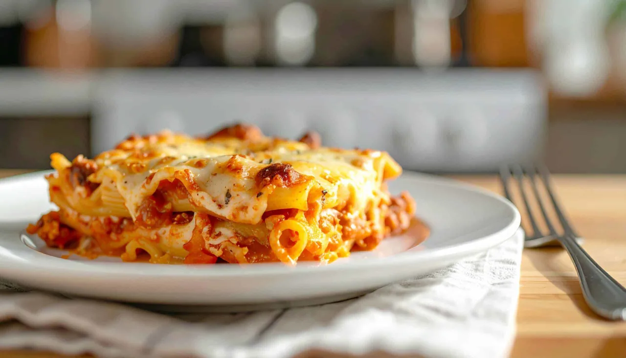 Pyszna zapiekanka makaronowa z serem, polana sosem pomidorowym z mięsem mielonym. Idealna na obiad.