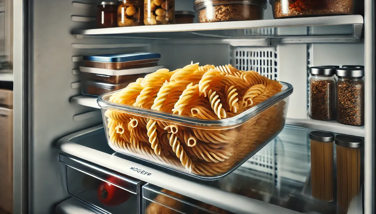 Szklany pojemnik z ugotowanym makaronem fusilli w lodówce. To dobry sposób, jak przechowywać ugotowany makaron, by był świeży.