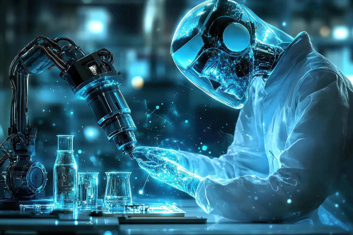 Grafika przedstawiająca nowoczesne technologie (AI, OZE, cyberbezpieczeństwo) lub futurystyczne laboratorium